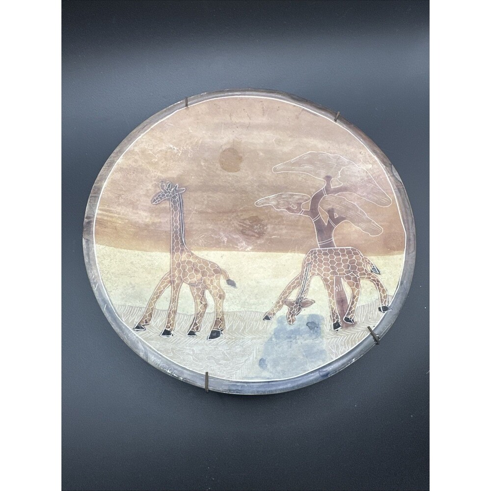 African Kenya Hand Carve Soapstone 8” Bowl/Dish Giraffe Signed